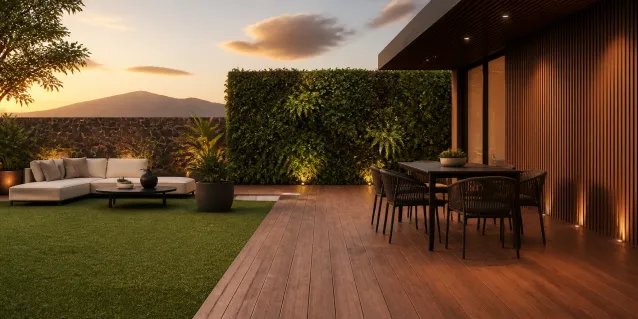 Cómo diseñar un exterior completo con follaje, pasto, deck sintético y wall cladding