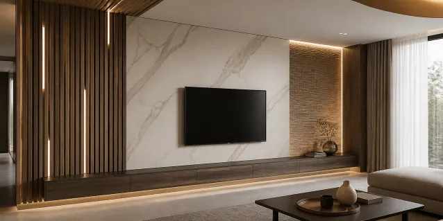 Cómo combinar materiales en muros interiores: placa tipo mármol, madera y lambrín