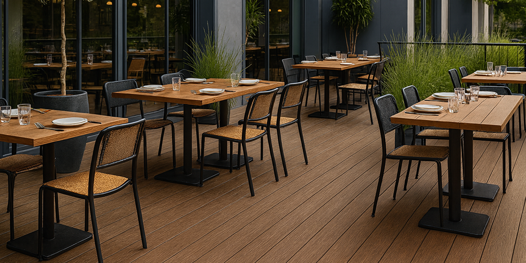 Deck sintético Tekno-Step instalado en una terraza exterior con mesas y sillas, mostrando su acabado natural y resistente.