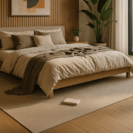 Recámara moderna con piso laminado Magnus de Tekno-Step en tono madera natural.