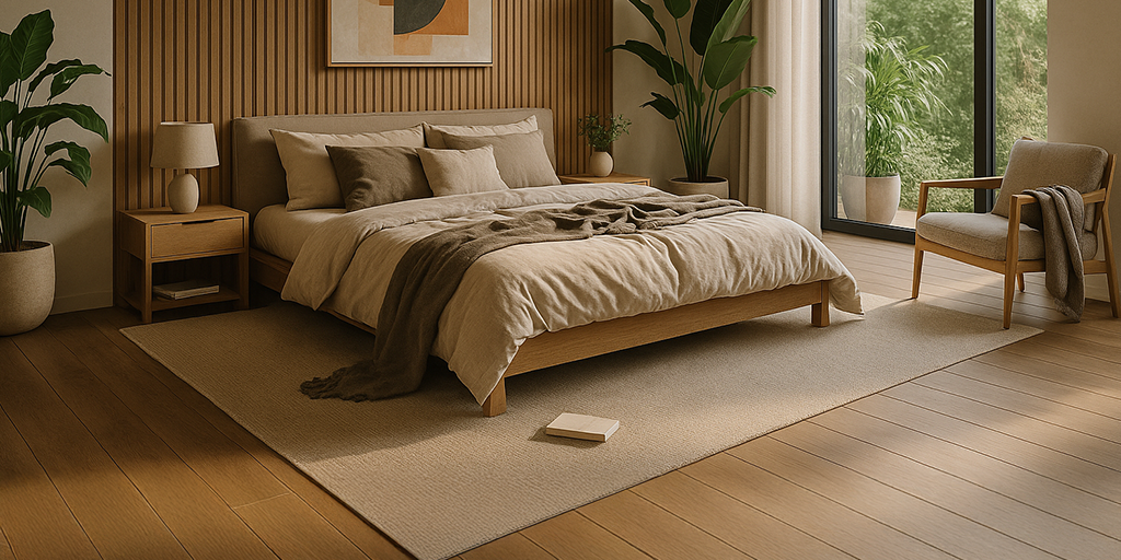 Recámara moderna con piso laminado Magnus de Tekno-Step en tono madera natural.