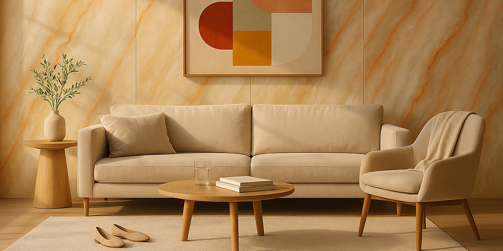 Sala moderna con muro decorativo Tekno-Step tipo piedra color beige, sofá y sillón de tela clara, mesa de madera y cuadro geométrico en tonos cálidos.