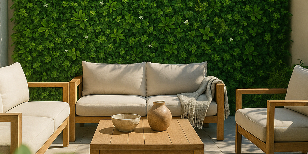 Follaje Sintético Tekno-Step instalado en un espacio exterior moderno con sala y muro verde decorativo.