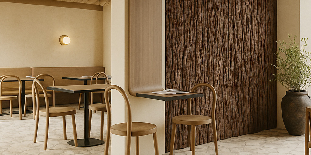 Placa PU Réplica modelo Tronco instalada en un comedor moderno, con textura tipo corteza y acabado natural.