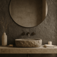 Placa PU Rocca de Tekno-Step instalada en un baño moderno con textura tipo piedra y decoración minimalista.