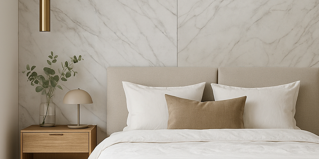 Placa decorativa tipo mármol Tekno-Step instalada en pared interior moderna, con acabado elegante y vetas realistas.