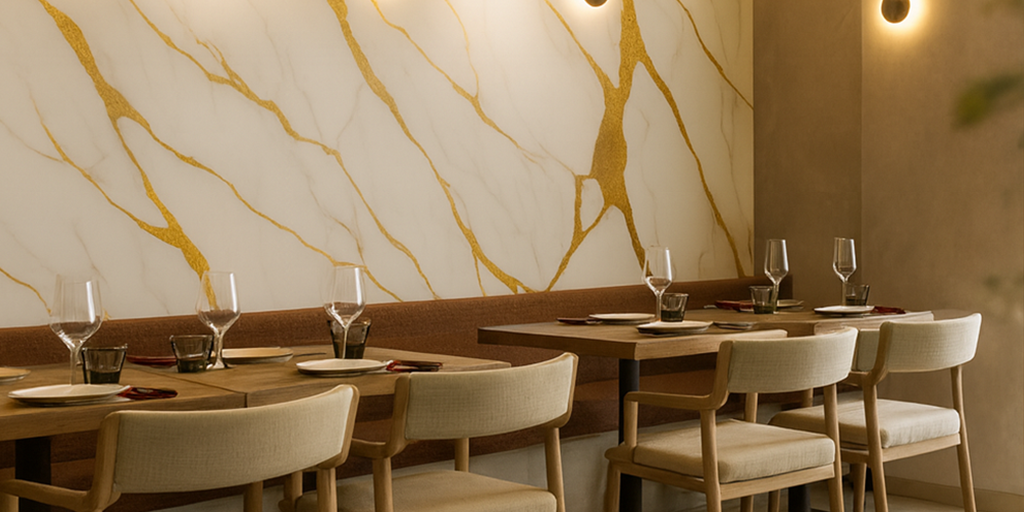 Tapiz autoadherible Tekno-Step con acabado tipo mármol en muro interior de restaurante moderno