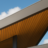 Wall Cladding exterior Tekno-Step instalado en fachada moderna, con acabado tipo madera y diseño arquitectónico resistente a la intemperie.