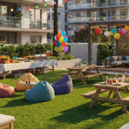 Espacio exterior residencial con soluciones Tekno-Step: pasto sintético decorativo, vigas WPC y mas.