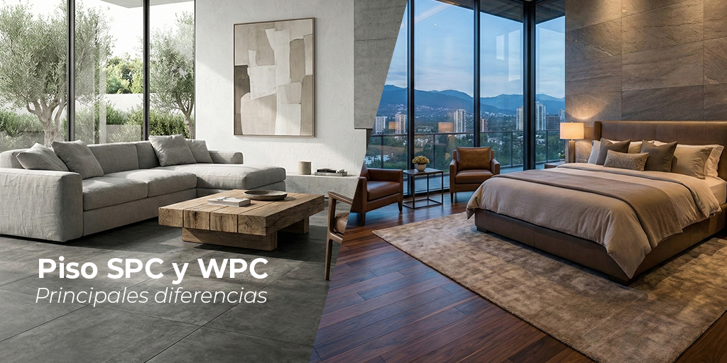 Comparativa visual de piso vinílico SPC y WPC en espacios interiores modernos mostrando diferencias de estilo y uso