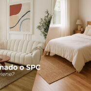 Dormitorio moderno con piso tipo madera para ilustrar diferencias entre piso laminado y piso SPC.