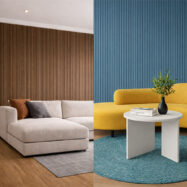 Diferentes tipos de lambrin WPC para interior en sala y comedor con acabados en madera y azul