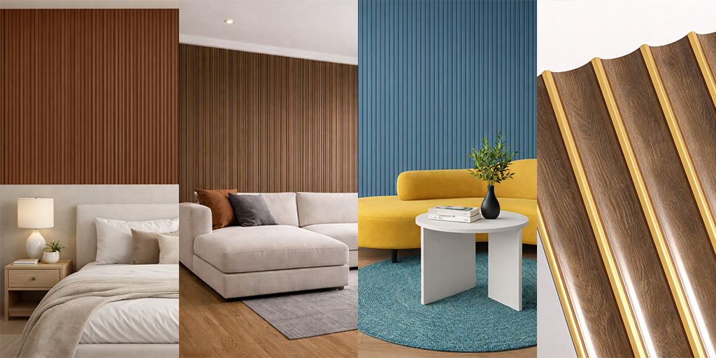 Diferentes tipos de lambrin WPC para interior en sala y comedor con acabados en madera y azul