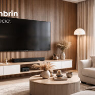 Muro lambrín para TV en sala moderna con paneles de madera decorativos