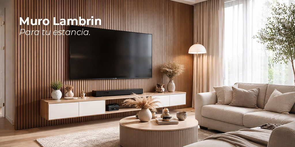 Muro lambrín para TV en sala moderna con paneles de madera decorativos