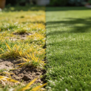 Comparación de jardín antes y después con pasto seco y pasto verde renovado