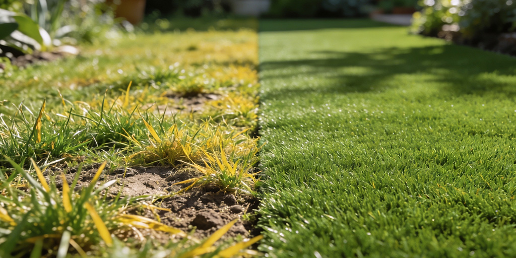 Comparación de jardín antes y después con pasto seco y pasto verde renovado