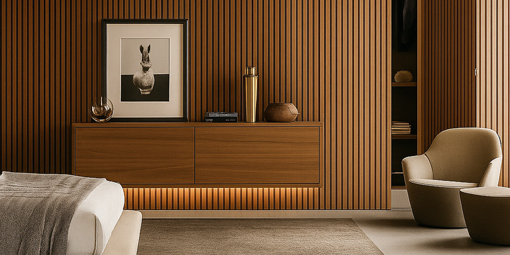 Lambrín WPC en muro interior estilo madera con paneles verticales en sala moderna