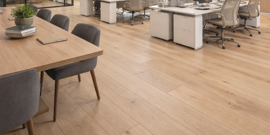 Oficina moderna con piso laminado SPC de madera clara y mobiliario contemporáneo